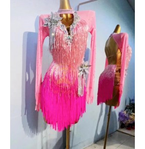 Customized size pink competition bling latin dance dresses for girls women salsa rumba chacha professional dancing costumes for female